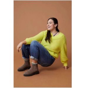 Anthropologie Chunky Knit Shawl Collar V Neck Wool Sweater Neon Yellow sz large